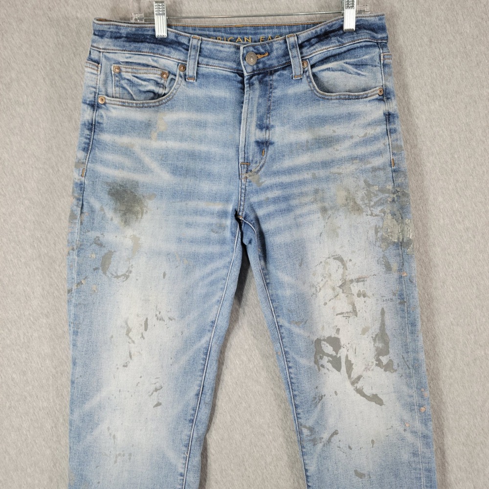 American Eagle Jeans Mens 33x34 Airflex Slim Straight Paint Splatter Distressed - Picture 3 of 14